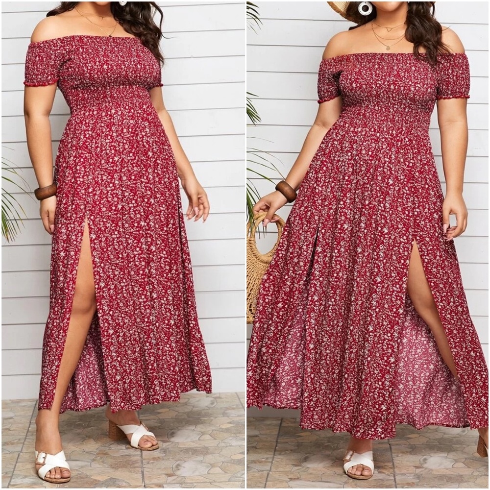 Plus Navy Blue Floral Print Off Shoulder Maxi Dress - Picture 2 of 5